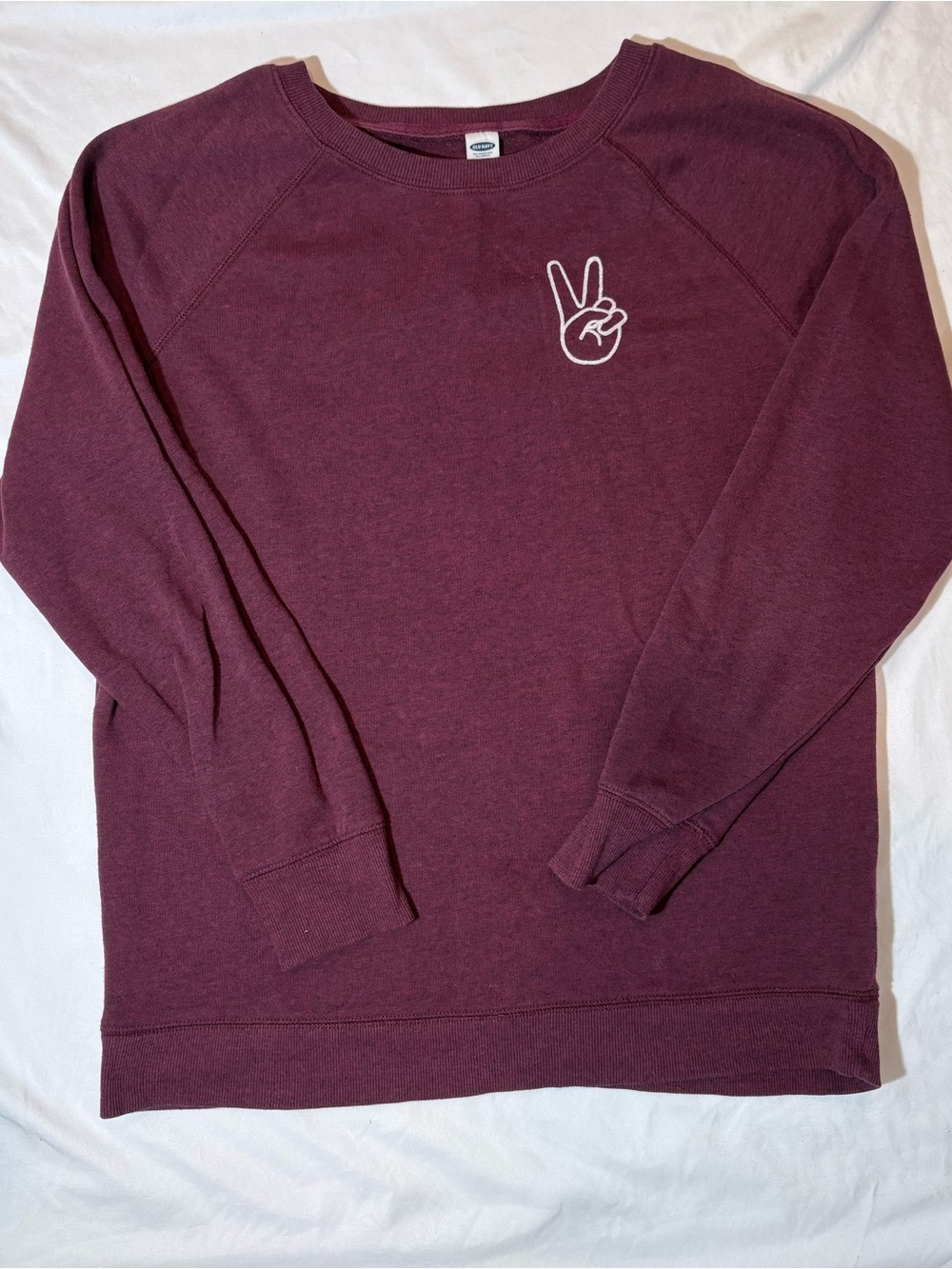Old Navy Men's Burgundy Crewneck Sweatshirt with Peace Hand Graphic